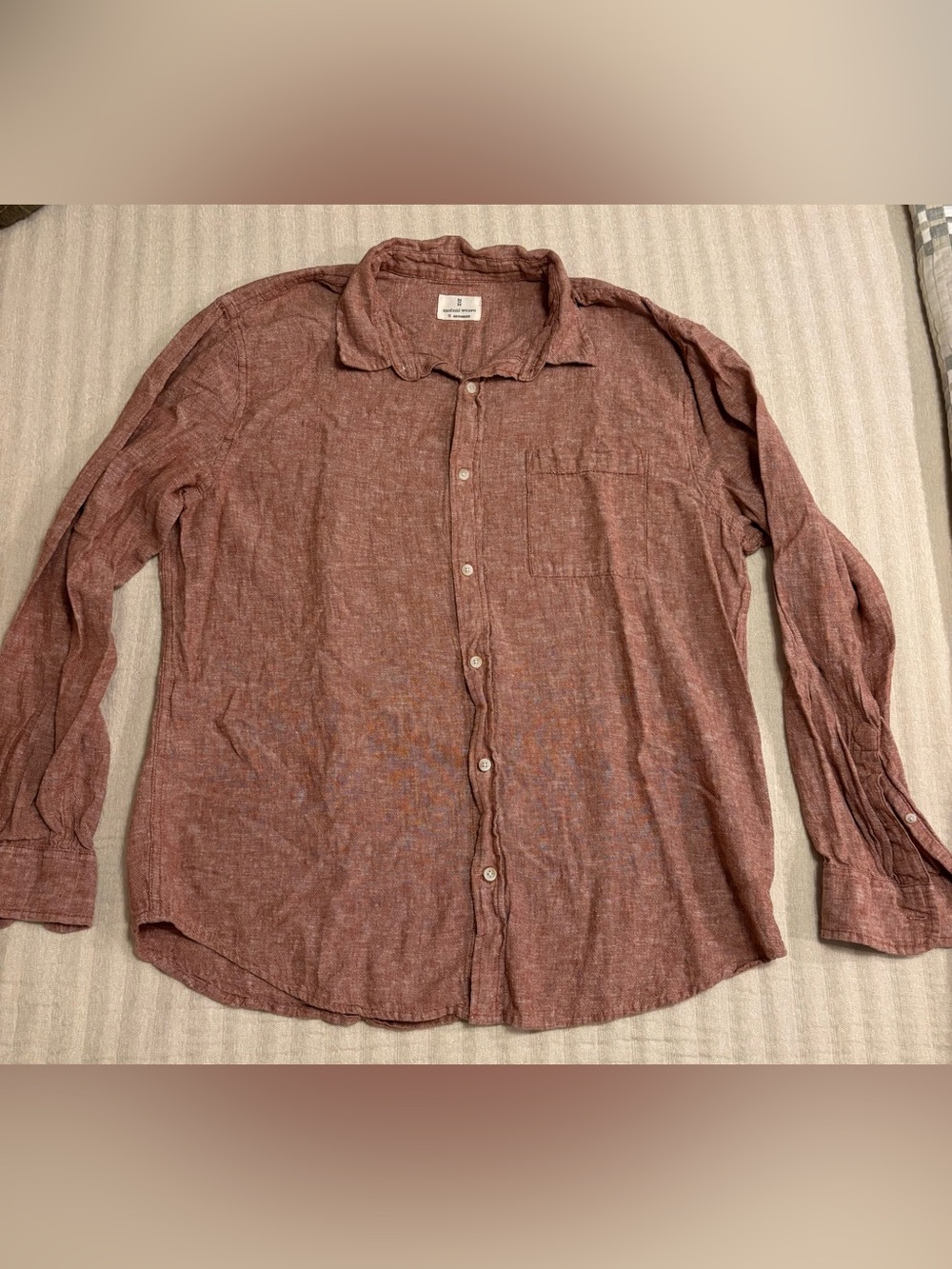 Men's Casual Long-Sleeve Button-Down Linen Blend Shirt in Rust Red- XL